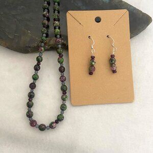Sterling Silver 925 Ruby In Zoisite Garnet Beaded Necklace & Earring Set 17.5"